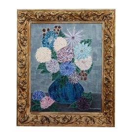 "Suburbia" Still Life Oil Painting by Dorothy M. Moncrieff: A still life oil painting on canvas panel by Dorothy M. Moncrieff, titled Suburbia. This piece presents a still life of a floral arrangement in a blue vase with impasto paint application and a cool color scheme of blue, green, purple, and pink. The painting is signed in the lower right hand corner by the artist and labeled on the back, and it is presented in a molded wooden frame.