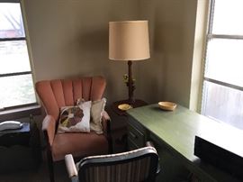 desk, side chair, desk chair, floor lamp