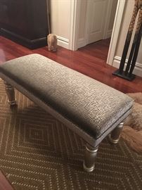 Scalamandre fabric bench with silver painted wood legs.  bench is 17d x44Lx18
