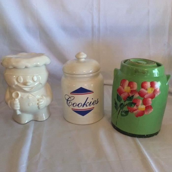 Dough Boy Cookie Jar (McCoy, 183, USA marks). Cookies (Badcock Home Furnishing Centers). Green Cookie Jar with floral painting. 