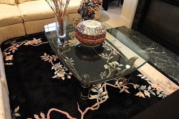 glass coffee table, Chinese wool carpet