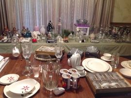 Several sets of China, sets of drinking glasses, pitchers, vases, coffee cups, giftware, some new in boxes