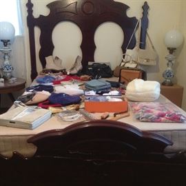 Antique double bed, ice skates, boot style roller skates (vintage), purses, pair Delft style lamps