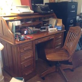 Oak roll top desk with chair