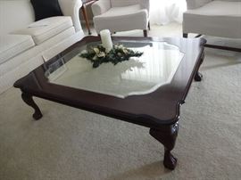 Extra large carved wood and glass coffee table (sofa not for sale)