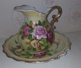 Hand Painted Rose Pitcher with Shallow Face Basin