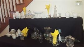 Crystal, Westmoreland Milk Glass, Luncheon Yellow Roses Plates, Tea Cups & Saucers, Tea Pot, Sugar & Creamer