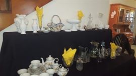 Crystal, Westmoreland Milk Glass, Luncheon Yellow Roses Plates, Tea Cups & Saucers, Tea Pot, Sugar & Creamer