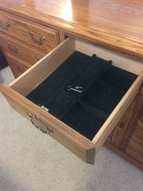 lined jewelry drawer on triple dresser,  drawer locks. 