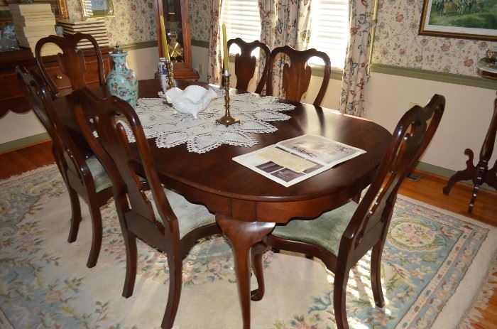 Mahogany Henkel Harris Dining Room Table (and two leaves) with One Arm Chair and Five Side Chairs