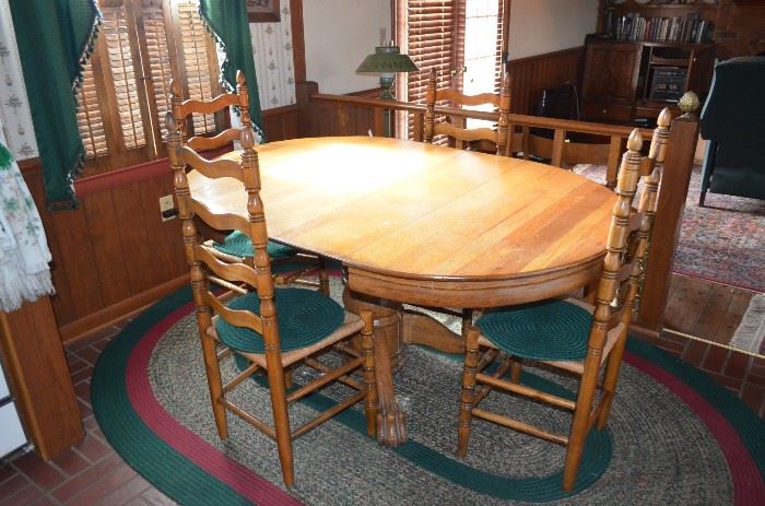 Vintage Country Oak Dining Table With Claw Feet and Four Ladder Back Chairs