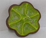 Vintage snack tray, wooden back with colorful ceramic insert (green 12” diameter); bottom marked with 7206 USA