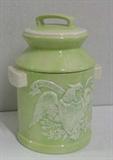 E Pluribus Unum cookie jar, 12 in. tall, manufacturer unknown, small paint chip under rim.