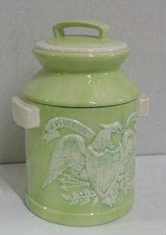 E Pluribus Unum cookie jar, 12 in. tall, manufacturer unknown, small paint chip under rim.