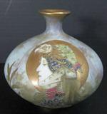 Circa Turn of the Century, rare Turn Teplitz Bohemia RStK Art Nouveau Amphora handpainted enameled portrait vase with wide bulbous body and slender neck flaring out at the rim, Made In Austria.  Red RStK mark with impressed mold 473, artist initials IR.   Approx. 5 1/2H x 6D.