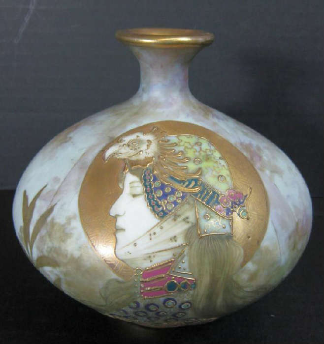 Circa Turn of the Century, rare Turn Teplitz Bohemia RStK Art Nouveau Amphora handpainted enameled portrait vase with wide bulbous body and slender neck flaring out at the rim, Made In Austria. Red RStK mark with impressed mold 473, artist initials IR. Approx. 5 1/2H x 6D.