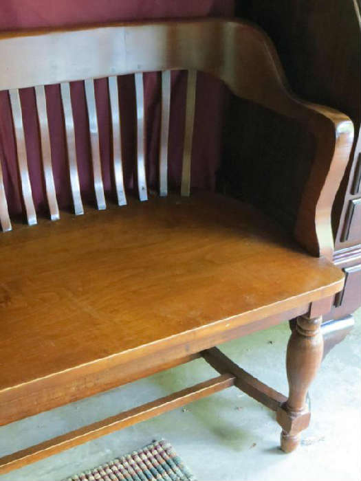 WOW what a Find! Vintage Solid Wood Bench from the Downtown Columbus Train Station. Double Stretcher Base with Unusual Curved Ends. There are worn areas as to be expected from age and environment. Doweled construction. 32T, 75L Long and Cumbersome.