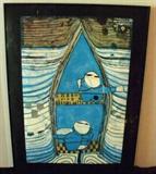 Hundertwasser 831, Tender Dinghi; total edition 3,000; printed in F.R.G. by Artcurial/Greuner Janura AG; copyright 1983. This is an 8-color artprint with metal foil embossings in 3 colors with UV lacquer grafting; measures 33 in. tall x 23 in. wide.  The artist is Friedensreich Regentag Dunkelbunt Hundertwasser, Austrian painter, architect,ecologist; his works of art explored the water cycle and connection of people to land and water.  His entire name is embossed on the black section around the print.  Unfortunately, this particular reprint has faded significantly due to sunlight, so I've added a photo of the original condition of the artwork.