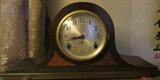 Seth Thomas mantle clock, inlaid wood casing, good working condition, good condition approx. 19.5"w x 6"d x 9"h.