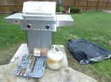Frigidaire two burner, ceramic insert, Propane gas grill, good condition, new package cedar grilling planks, grill tools in case, additional empty propane tank, and grill cover