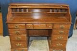 Beautiful Oak Roll Top Desk with 7 Drawers and Traditional Brass Pulls and Knobs (50"W x 22"D x 42"H)