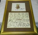 This is a rare find it is a Hannah - Barbara Studios 1995 ED`s model sheet Barney Rubble 10 1/2" x 12 1/2" along with a hand painted Barney Rubble Cel 10 1/2" x 12 1/2" with serigraph background 13 1/2" x 16 1/2" on rag paper. Hand signed by William Hanna, Joseph Barbara and Ed Benedict from the limited edition of only 400 pieces this one is numbered 244 of 400 registration number 92548.003. It has museum quality framing and matting with a framed size of 32.5" x 24" . Also included is a Certificate of Authenticity and an appraisal by Park West Gallery dated April 24th 2003 with an appraised value at that time of $920.00.