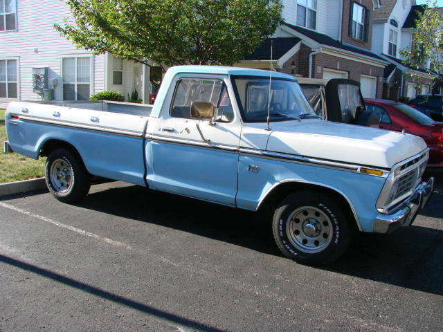 1974 Ford F100 Pick-Up Truck, Odometer reads 46,781 miles(not sure if actual miles), Vin # F10GNU00801, Truck came from North Carolina about 10 years ago. Exterior; 2 tone baby blue and white, Has some cosmetic issues but is in good condition for age and is solid metal, no filler(see pictures), aftermarket aluminum wheels with good tires(3/4 tread left). Interior; Bench style seat in good condition with a seam starting to come apart on driver side, inside door panels are loose, driver side door handle is broken off, horn has been taken out and needs replaced along with the cover, radio works but needs a new speaker, dash cover is faded and cracked. Engine; V-8 gas engine, 2 barrel carburator(has a oil leak around the front). Automatic transmission. It needs some TLC but could be a real show piece.