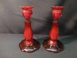 2-Glass Ruby Red Pressed Glass Candlestick Holders. In good condition, no chips or visible scratches. (Approx. ) Previously Used
