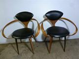 Plycraft Pretzel Chairs, very rare - Eames Era - 60's!  Plycraft tag on bottom on one chair. Plywood Walnut Veneer, Black Vinyl Satin, Original foot glides. Minor signs of use/age. Chairs are super sturdy. All original finish and upholstery. No rips, wood repairs or punctures in upholstery. No repairs of any wood areas are visible. (Approx.  27" Width x 23" Depth x 31" Height / 18" Seat Height).
