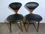 VINTAGE DANISH MODERN SET OF 4 CHERNER SIDE/DESK PLYCRAFT CHAIRS - Eames Era - Designed By Norman Cherner They have the signature robust bent plywood design that is built to last. Plycraft tag on bottom on one chair. Black Vinyl Satin, Original Upholstery and original foot glides. Three chairs are in excellent condition, with the normal scuffs for the age. The forth chair has a break in the wood veneer (as pictured); it is not broken completely through. You may be able to reinforce the back to prevent further damage.  (Approx.  17W x 17D x 31H, Seat Height  18in.)