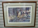 Yule Lights State Street Signed Art Print By Ratindra K. Das, Limited edition 110/600 Framed in a wood frame with double matting. (Approx.  31.5 x 25) In good condition, no chips, scratches or visible damage.