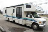 1995 Hornet 30ft. class-c motorhome made by Damon. It only has 43,000 actual miles. This easy-to-drive Class-C has these features: It sits on a Ford E-350 chassis. has a gas engine, RWD automatic transmission, dual rear wheels on chrome simulators, the tires are in good condition, woodgrain dash accents, power steering, am/fm cassette stereo,cruise control, tilt wheel, cloth interior. The coach section has a Flexsteel conversion package which includes a Kohler Confidant generator, Norcold refridgerator, Wedgewood stove/oven, Audiovox microwave, queen size bed, mauve color scheme with good carpet throughout. When I started it it started right up with no smoking, knocking or unusual noises other than a belt that may need tightened up. Cosmeticly it has some minor damage on the passenger side rear corner as shown in the photos. It also has a couple small cover doors missing which should be readily available at a local RV dealer, some minor stripe peeling and a scrape as shown. The caulkin