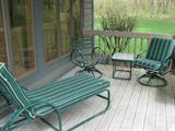 2 swivel rockers, chaise lounge, and small table. Includes cushions. Swivel rocker 32x24x27. Table 17.75x18.5x24.5. Chaise 40x58x26. Flat 78L. Good condition. Some staining.