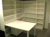 Techline desk and wall units. Bright white laminate. Consists of 1 narrow bookcase 73.5x18.25x11.75. 2 wide bookcases 73.5x36x11.75. 1 wide bookcase with desk attachment. Desk 28.75x49x34.75. 1 under-desk 3 drawer file cabinet 27x1535x24. Top 2 drawers 4x12x21.5. Bottom9.5x12x21.5. Very good condition.
