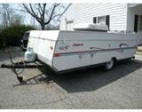 1998 Jayco Eagle 12 UDK Pop-Up Camper

12-foot trailer that features plenty of storage and space. This trailer can sleep up to seven.
 
VIN - 1UJAJ01GXW1FM0913

Needs repair or use for Parts. Canvas is mildewed and needs some repair. Inside of camper has had some water damage. Cushions, Curtains and Cabinets are in good condition but need a little cleaning. The tires do hold air but have no idea how old they are.  Upon opening the camper, the cable lifting system broke on one side and we were not able to fully open the top. One of the supports also jammed and we can no longer close the camper completely. We have no idea if the Coleman Air Conditioning Unit works or not. Could be restored to usable condition or possibly gutted and used as a trailer. Please see all pictures for current condition.