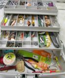 A great Plano fishing tackle box full of neat stuff!!  see pics for details