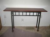 Metal and wood console table. 29x18x13.75. Top comes off. Small scratch on surface.