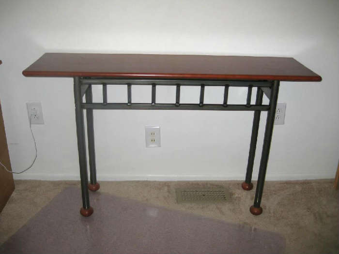 Metal and wood console table. 29x18x13.75. Top comes off. Small scratch on surface.