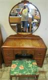 1930's Art Deco Waterfall Vanity with Mirror and stool. Drawers are dovetailed front and back. Mostly Finish issues. Matches lots 8 & 10. See pix for details and condition.