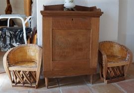 Antique walnut cabinet and child's chairs
