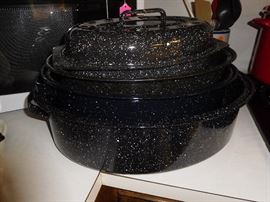 Several enamel roasters