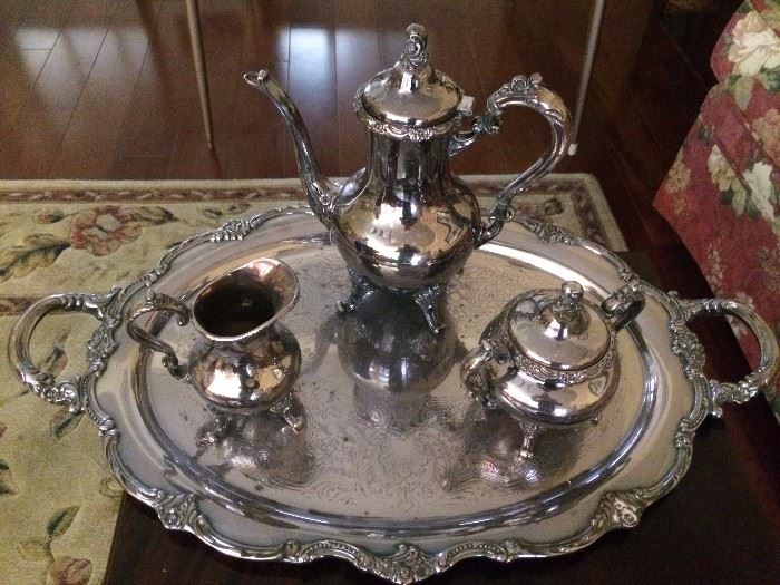 Silver plate coffee service on tray