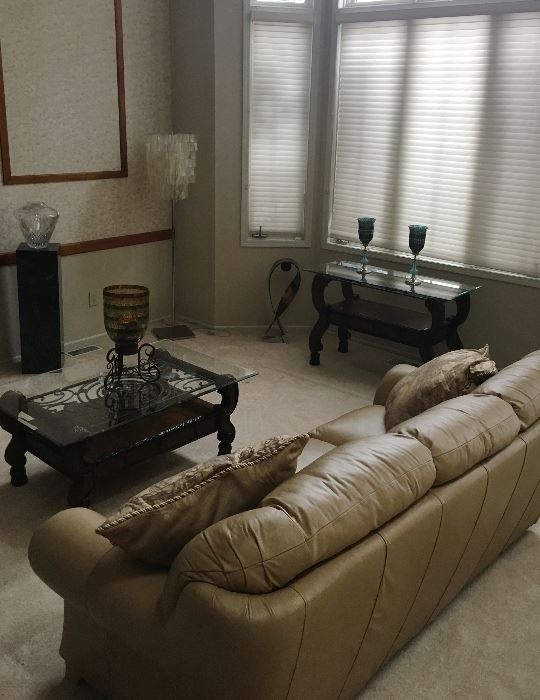 Tan leather sofa & occasional tables