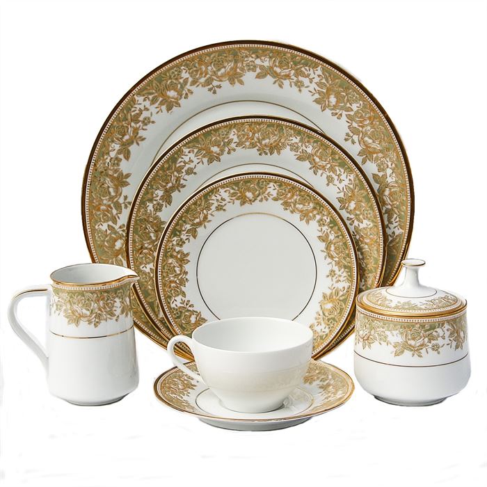 Thirty-Nine Piece Collection of Noritake Lucerne Dishes: A thirty-nine piece collection of Noritake Lucerne dishes. The dishes are white in color with gold tone trim with gold-tone and green rose detailing. Dishes are marked “Noritake Japan Lucerne 6880”.