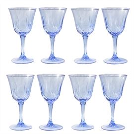 Fostoria Avon "American Blue Classics" Collection Water Goblets: A set of Fostoria Avon “American Blue Classics Collection” water goblets. The set includes six matching blue glass water goblets. The Goblets have starburst design cuts along the glass.