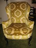 Wing back chair, upholstered green and cream