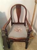 Oak chair with bent wood back, needlepoint cusion in perfect condition, must see this one, beautiful carving on legs.