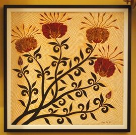 Lot 28: A contemporary oil on canvas. Depicting stylized flowers in shades of red, orange, black and white. Illegibly signed and dated lower right, possibly "Dewg Bali '98", and stamped "Tra Art Group, Troy, Michigan" on the reverse. Good condition. Image 38 1/2 x 38 1/2" high, in a modern black frame with linen liner, 43 3/4 x 44" high overall. ESTIMATE $400-600