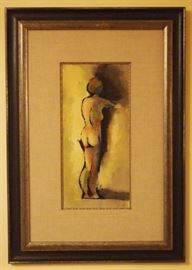 Lot 49: A contemporary oil on board depicting a standing nude. Signed "Laslo" lower right. In a decorated beveled wood frame with linen liner, "Rosenbaum Fine Art" of Boca Raton label on the reverse. Good condition. Image 8 3/4 x 18 3/4", 23 3/4 x 33 1/2" high overall. ESTIMATE $200-300