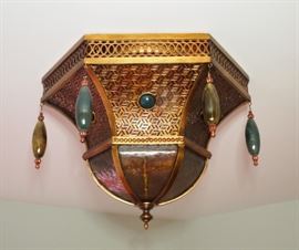 Lot 69: A patinated metal and glass hexagonal flush-mount ceiling fixture. Gilt and copper finish with jewel tone glass cabochon accents and pendants. Attributed to Fine Art Lamps. Good condition. Approximately 18" wide. ESTIMATE $100-200